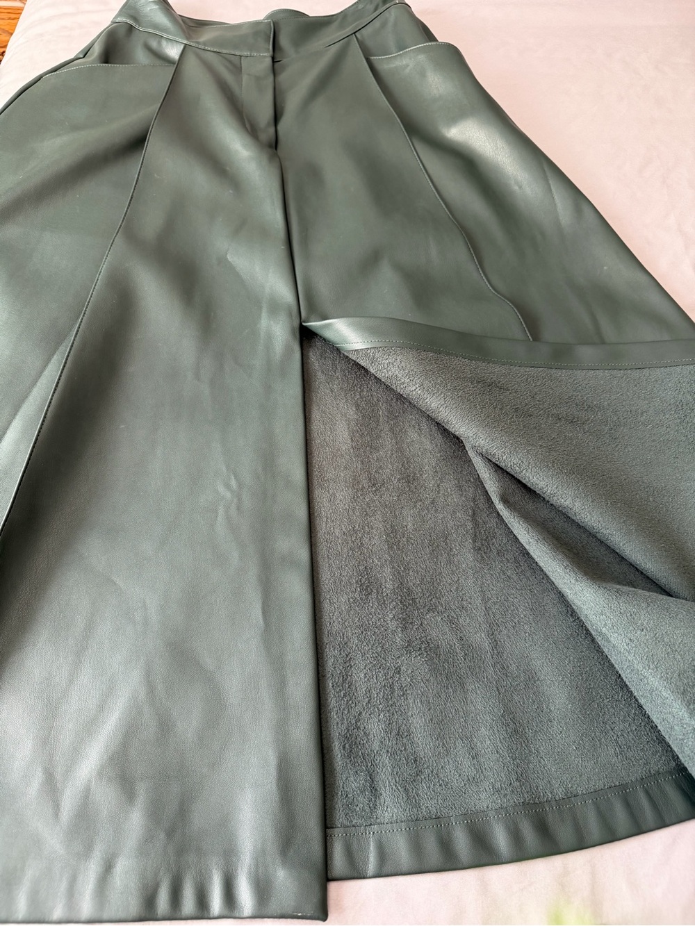 ZARA S Faux Leather Midi Skirt Green A-Line High Waist Panel Detail Pockets chic - Picture 10 of 10